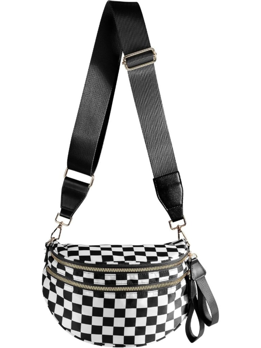 〽️Women Black White Bum Travel Purse Checkered Nylon Spacious Crossbody Bag